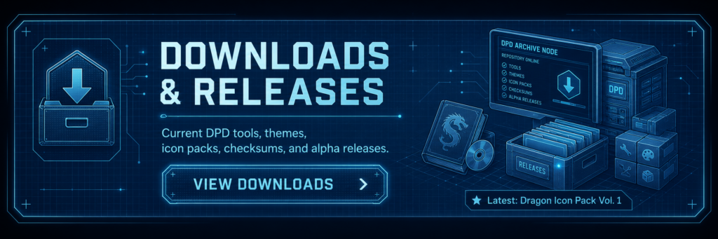 Downloads and releases banner for DPD tools, themes, icon packs, checksums, and alpha releases.