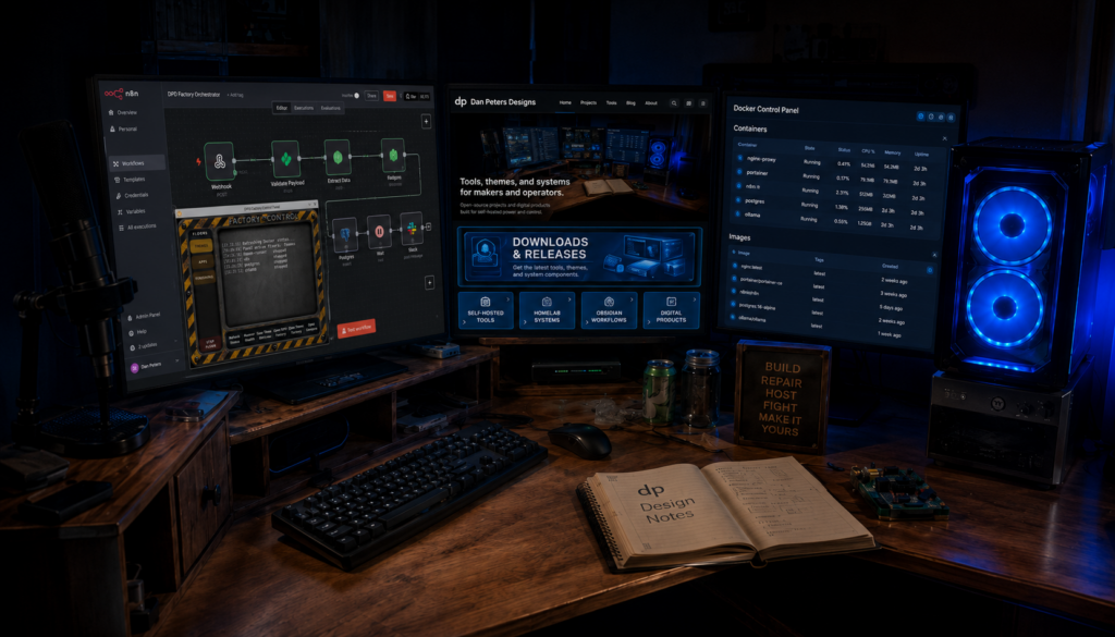 Dan Peters Designs workstation showing an n8n workflow, the DPD homepage, Docker control panel, blue-lit desktop tower, and local self-hosted computing setup.