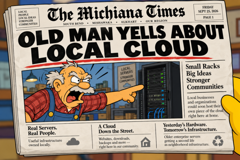 Cartoon newspaper headline: Old Man Yells About Local Cloud, with an older man pointing at a server rack