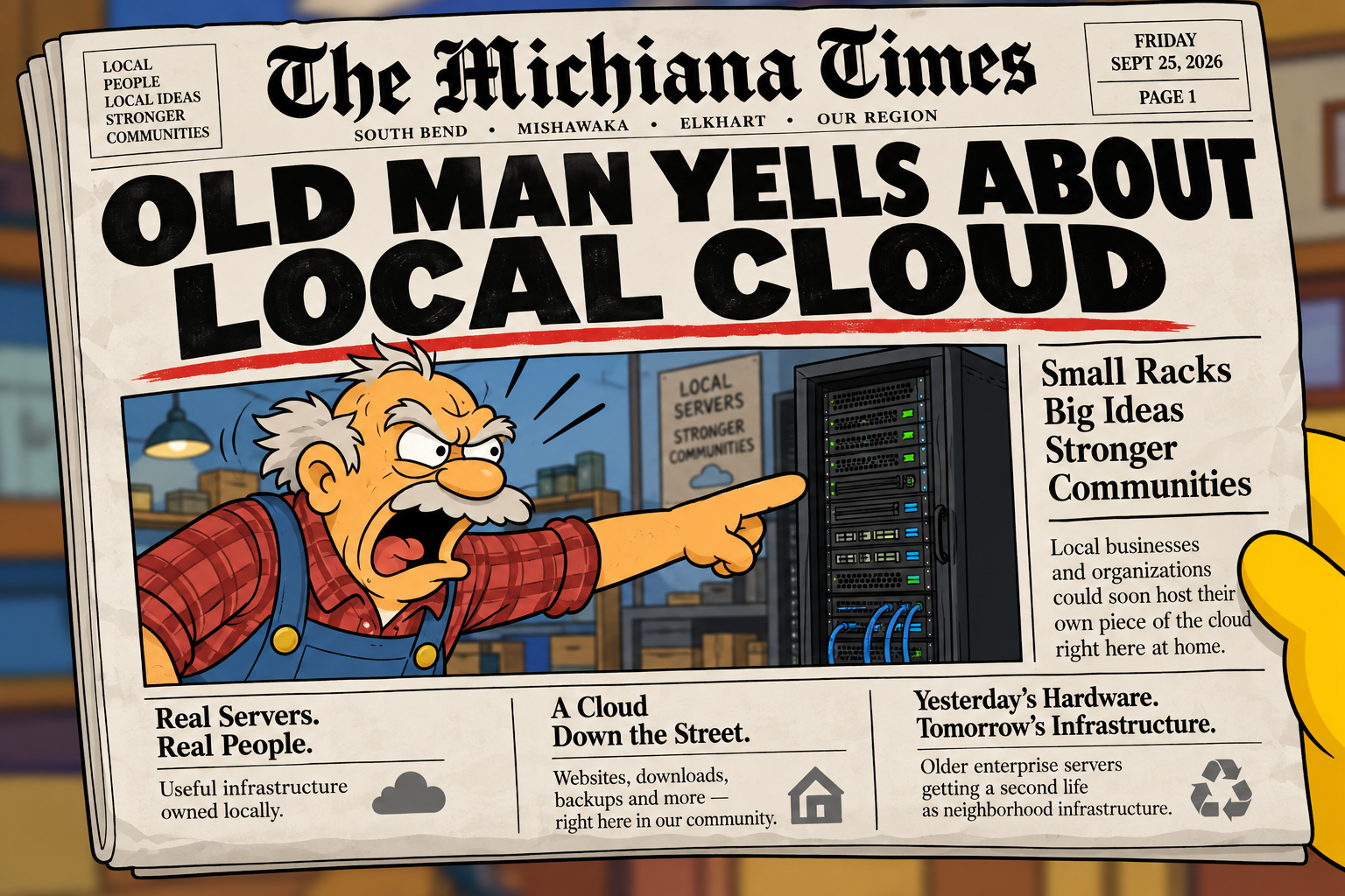 Cartoon newspaper headline: Old Man Yells About Local Cloud, with an older man pointing at a server rack