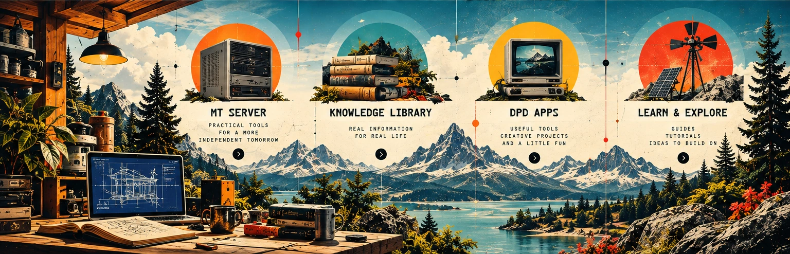 Illustrated workshop scene with MT Server, Knowledge Library, DPD Apps, and learning destinations against a mountain lake