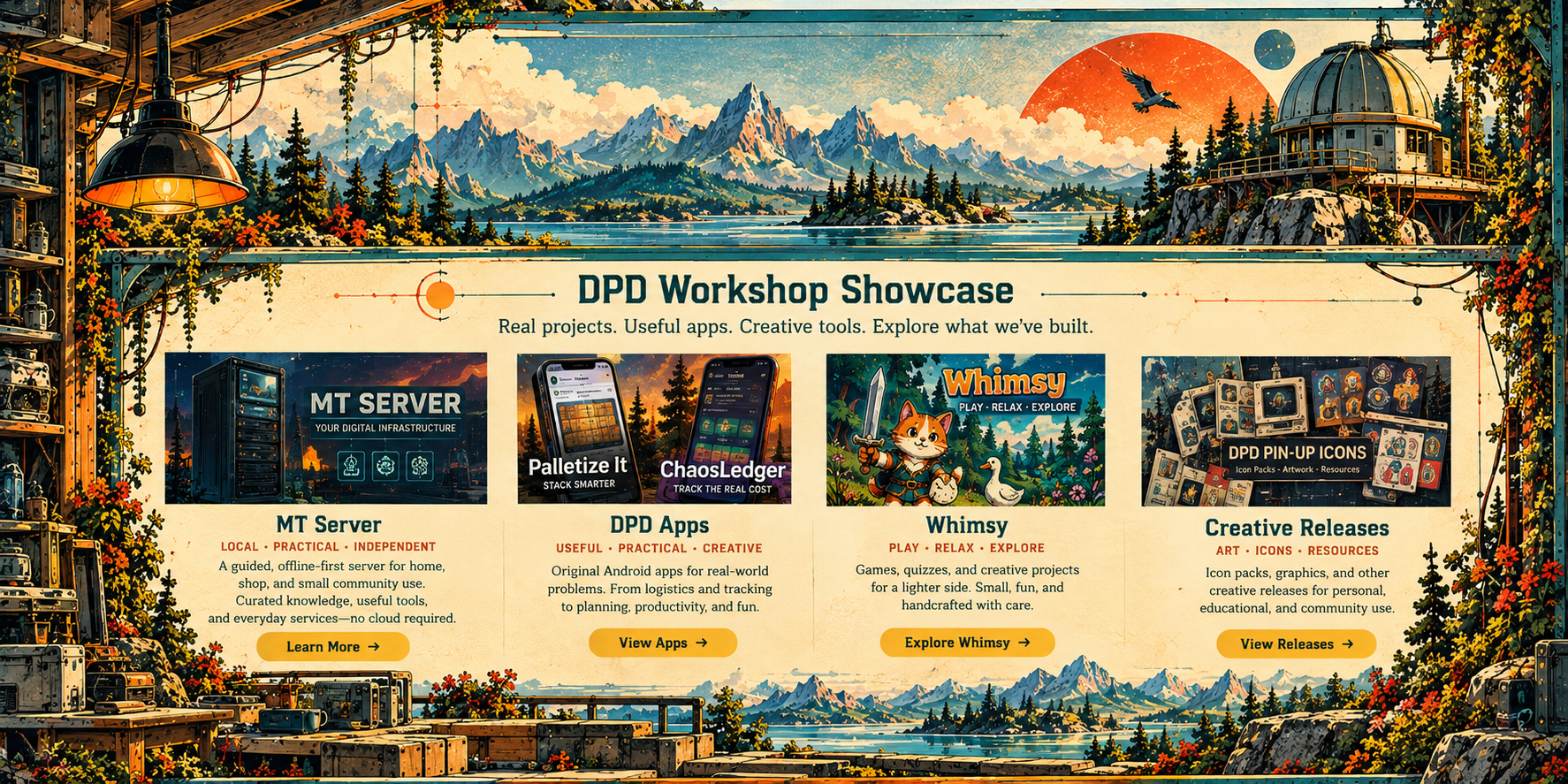 Illustrated DPD Workshop Showcase featuring MT Server, DPD Apps, Whimsy, and Creative Releases, surrounded by mountains, a lake, retro technology, and workshop scenery.