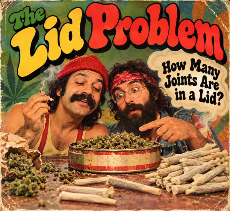Vintage 1970s-style psychedelic poster for The Lid Problem: How Many Joints Are in a Lid? with two surprised counterculture comedians, a tin of marijuana, and bold retro lettering.